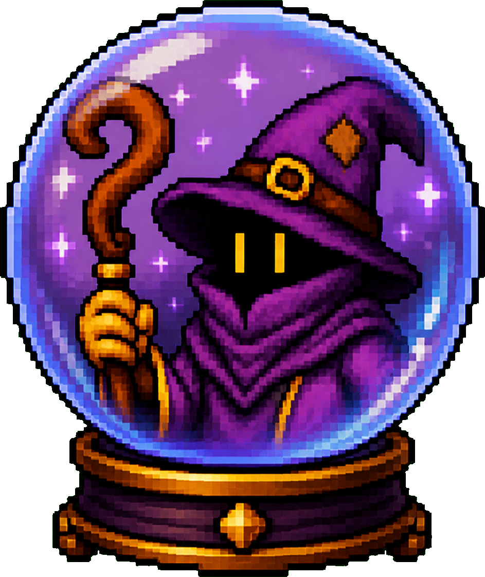 The Quizard inside a glowing pixel-art crystal ball
